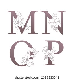 Floral alphabet set of M N O P with hand drawn flowers and leaves for wedding invitation, greeting card, logo, poster and other design