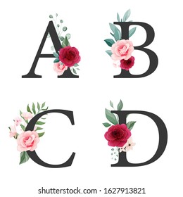 Floral alphabet set of peach and burgundy roses elements. Letters A, B, C, D with flowers decoration. Botanic illustration for wedding invitation and valentine card design composition vector