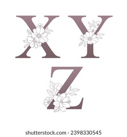 Blumenalphabet aus X Y Z mit handgezeichneten Blumen und Blättern zur Hochzeitseinladung, Grußkarte, Logo, Poster und anderes Design