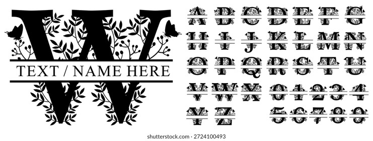 letras de monograma divididas del alfabeto floral con el sistema de la mariposa, diseño del Vector de la fuente del monograma  