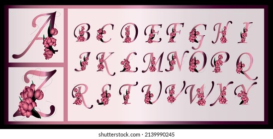 Floral alphabet of uppercase font with peony flower leaves and thin lines isolated on light background. Pink overflow.Vector illustration for wedding, greeting cards, invitations template design