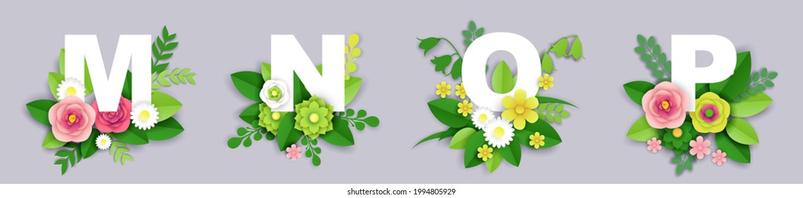 Floral alphabet, vector illustration in paper art style. M, N, O, P English alphabet capital letters with beautiful exotic tropical leaves and flowers.