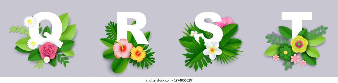 Floral alphabet, vector illustration in paper art style. Q, R, S, T English alphabet capital letters with beautiful exotic tropical leaves and flowers.