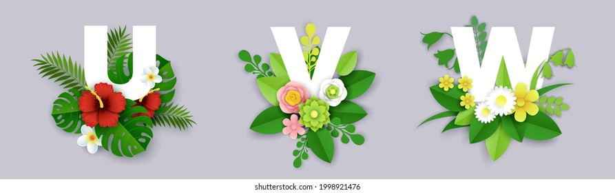 Floral Alphabet, Vector Illustration In Paper Art Style. U, V, W English Alphabet Capital Letters With Beautiful Exotic Tropical Leaves And Flowers.