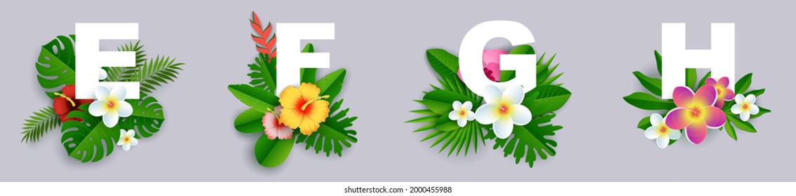 Floral Alphabet, Vector Illustration In Paper Art Style. E, F, G, H English Alphabet Capital Letters With Beautiful Exotic Tropical Leaves And Flowers.