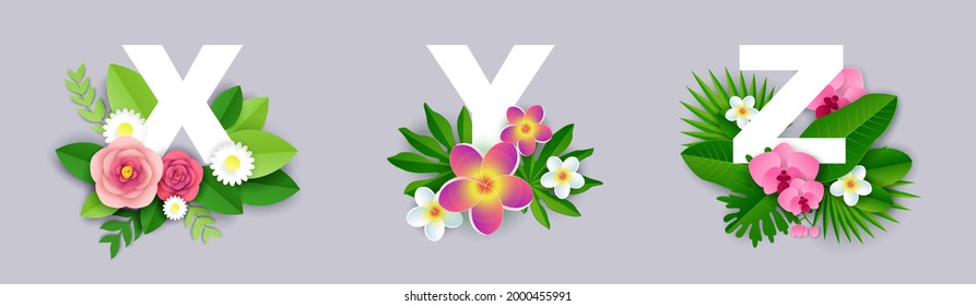 Floral alphabet, vector illustration in paper art style. X, Y, Z English alphabet capital letters with beautiful exotic tropical leaves and flowers.