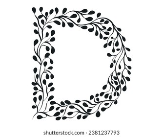 Floral alphabet. Vector isolated black and white Letter D decorated with elegant leaves, sketch style.