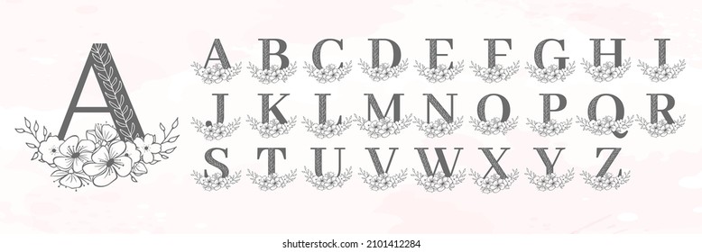 Floral Alphabet, vector letters with sakura flowers on watercolor background. Floral monogram. Best for greeting cards, wedding invitations, prints and other. 