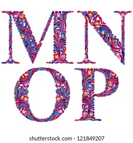 Floral alphabet, vintage letters m n o p.