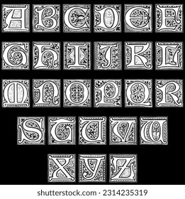 floral alphabet from A to Z, medieval font