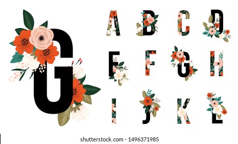 Floral alphabets collection. A set of beautiful flowers and alphabets for wedding, invitations and  wedding and logo design template.