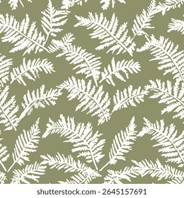 Alterações florais, padrão de samambaia, fundo verde-oliva, branco sobre tecido de linho padrão de impressão, algodão, seda, ilustração vetorial, verão doodle, crianças e desenhos de bebê para tecido impresso.