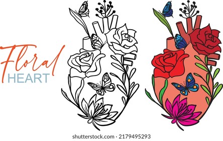 Floral Anatomical Heart. Silhouette And Colors Style On White Background. Vector Illustration