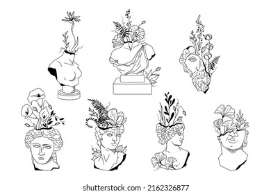 Floral ancient Greek male and female statues isolated clip art bundle, antique sculptures with flowers black white line figures, hand drawn women bust with botanical bouquet - vector set