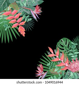 Floral angular pattern with tropical flowers, plants in watercolor style isolates on black background. Greenery backgrop with text place for invite, greeting, birthday card, covers and posters.