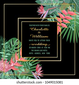 Floral angular wedding invitation with gold frame, tropical flowers and herb in watercolor style on black background. Greenery template with text place for invite, greeting, birthday card, covers.