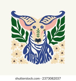 Floral and animal abstract elements. Botanical composition. Modern trendy Matisse minimal style. Kids, Child, Floral poster, invite. Vector arrangements for greeting card or invitation design.