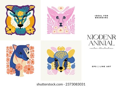 Floral and animal abstract elements. Botanical composition. Modern trendy Matisse minimal style. Kids, Child, Floral poster, invite. Vector arrangements for greeting card or invitation design.