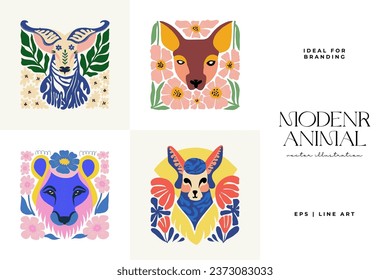 Floral and animal abstract elements. Botanical composition. Modern trendy Matisse minimal style. Kids, Child, Floral poster, invite. Vector arrangements for greeting card or invitation design.