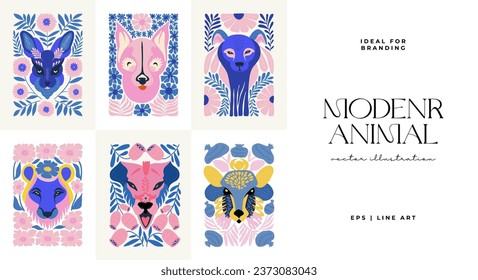 Floral and animal abstract elements. Botanical composition. Modern trendy Matisse minimal style. Kids, Child, Floral poster, invite. Vector arrangements for greeting card or invitation design.