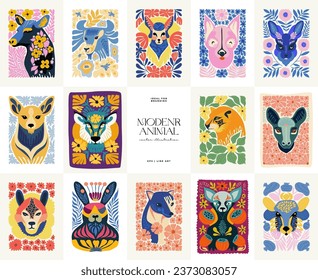 Floral and animal abstract elements. Botanical composition. Modern trendy Matisse minimal style. Kids, Child, Floral poster, invite. Vector arrangements for greeting card or invitation design.