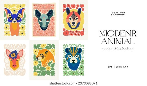 Elementos florales y abstractos animales. Composición botánica. Moderna moda Matisse minimalista. Niños, niño, afiche floral, invitar. Disposiciones vectoriales para el diseño de tarjetas de felicitación o invitaciones.