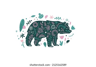 Blumentierbäremblem. Waldskandinavier-Illustration. Vektor funky Druck mit Bärentier in einfachem minimalem Stil, magische und florale Symbole und Zeichen.