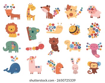 Floral animal character set in scandinavian style with adorable cartoon creatures decorated with flowers showing emotion and charming pose for your illustration and creative designs projects