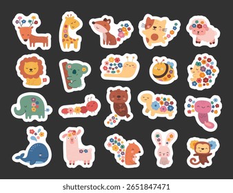 Personagem de animal floral definido em estilo escandinavo com criaturas de desenhos animados adoráveis decorados com flores mostrando emoção e pose encantadora para seus projetos de ilustração e desenhos criativos