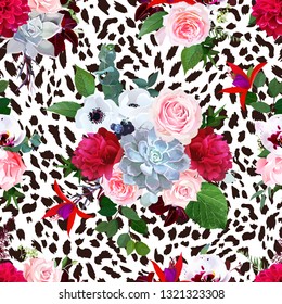 Floral animal seamless vector design print. Leopard texture and flower bouquets. Pink rose, burgundy red peony, white anemone, succulent, exotic orchid, fuchsia, dahlia.Trendy fashion stylish pattern.