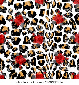 Floral animal seamless vector design print. Leopard texture and flower bouquets. Red rose, burgundy red peony, white anemone, succulent, exotic orchid, fuchsia, dahlia.