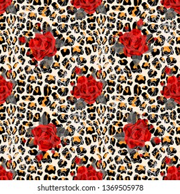 Floral animal seamless vector design print. Leopard texture and flower bouquets. Red rose, burgundy red peony, white anemone, succulent, exotic orchid, fuchsia, dahlia.Trendy fashion stylish pattern