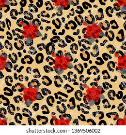 Floral animal seamless vector design print. Leopard texture and flower bouquets. Red rose, burgundy red peony, white anemone, succulent, exotic orchid, fuchsia, dahlia.Trendy fashion stylish pattern