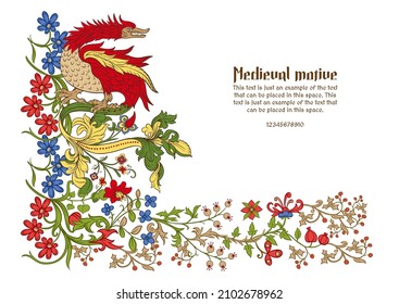 Floral and animal vintage Medieval illuminati manuscript inspiration. Romanesque style. Template for greeting card, banner, gift voucher, label. Vector illustration.