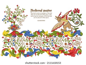 Floral and animal vintage Medieval illuminati manuscript inspiration. Romanesque style. Template for greeting card, banner, gift voucher, label. Vector illustration.