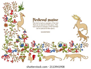 Floral and animal vintage Medieval illuminati manuscript inspiration. Romanesque style. Template for greeting card, banner, gift voucher, label. Vector illustration.