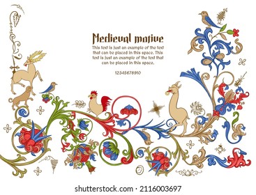 Floral and animal vintage Medieval illuminati manuscript inspiration. Romanesque style. Template for greeting card, banner, gift voucher, label. Vector illustration.