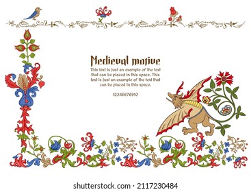 Floral and animal vintage Medieval illuminati manuscript inspiration. Romanesque style. Template for greeting card, banner, gift voucher, label. Vector illustration.