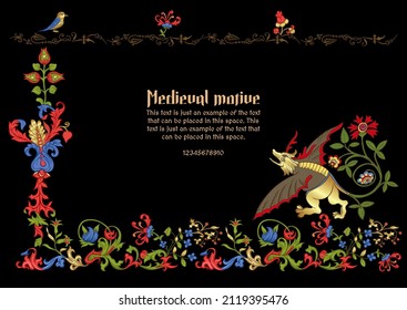 Floral and animal vintage Medieval illuminati manuscript inspiration. Romanesque style. Template for greeting card, banner, gift voucher, label. Vector illustration.