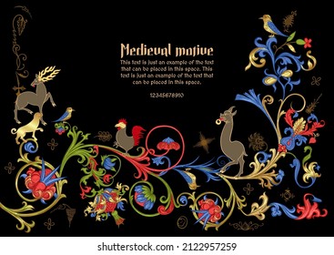 Floral and animal vintage Medieval illuminati manuscript inspiration. Romanesque style. Template for greeting card, banner, gift voucher, label. Vector illustration.