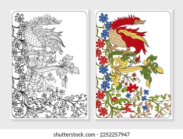 Floral and animal vintage Medieval illuminati manuscript inspiration. Romanesque style. Coloring page for the adult coloring book. Vector illustration.