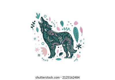 Floral animal wolf emblem. Forest scandi animal illustration. Vector funky print with wolf animal in simple minimal style, magical and floral symbols and signs.