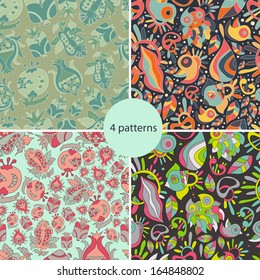 Floral animals  colorful set of four bright new  abstract seamless patterns with flowers,fish, birds. Pattern can be used for wallpaper pattern. Vector backgrounds with bright  shades.