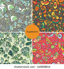 Floral animals  colorful set of four bright new  abstract seamless patterns with flowers,fish, birds. Pattern can be used for wallpaper pattern. Vector backgrounds with bright  shades.