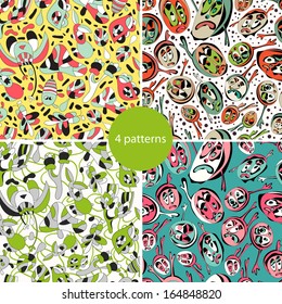 Floral animals  colorful set of four bright new  abstract seamless patterns with flowers,animals. Pattern can be used for wallpaper pattern fills surface textures. Vector backgrounds.