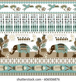 Floral and animal's seamless pattern in paisley style. Ornamental Indian backdrop