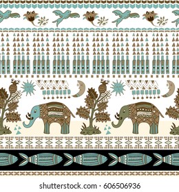 Floral and animal's seamless pattern in paisley style. Ornamental Indian backdrop