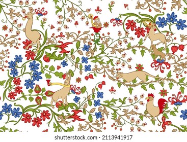 Floral and animals vintage seamless pattern. Medieval illuminati manuscript inspiration. Design for wrapping paper, wallpaper. Vector illustration. Isolated on white background.