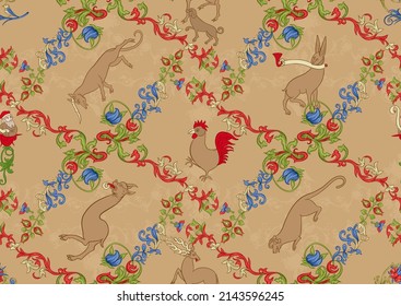 Floral and animals vintage seamless pattern. Medieval illuminati manuscript inspiration. Design for wrapping paper, wallpaper, fabrics and fashion clothes. Vector illustration.