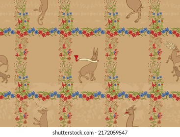 Floral and animals vintage seamless pattern. Medieval illuminati manuscript inspiration. Design for wrapping paper, wallpaper, fabrics and fashion clothes. Vector illustration.